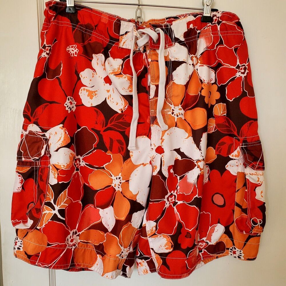 Op mens board shorts vintageswim trunks 34 used orange red Hawaiian surf  lined